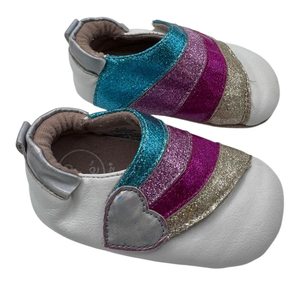 Ro+Me Glittery Striped Baby Shoes - Blue, Pink, Gold - Size 6-12 Months